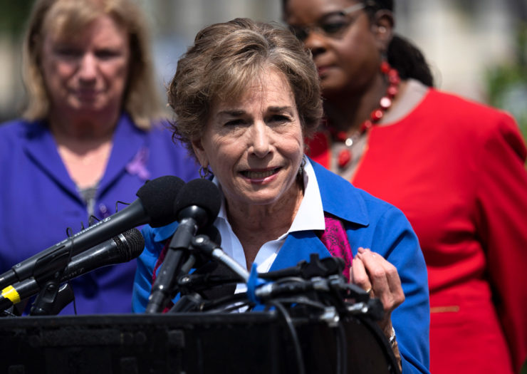 [Photo: Representative Jan Schakowsky speaks during an outdoor press conference.]