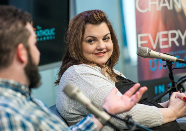 [Photo: Abby Johnson sits down at Sirius XM studios in front of a microphone]