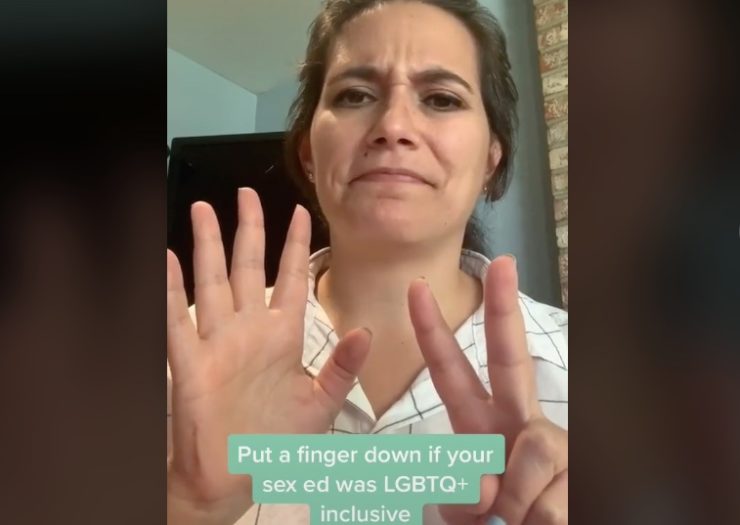 [PHOTO: TikTok screenshot of the ten-finger salute about sex ed]