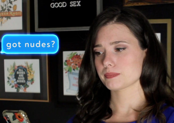 [PHOTO: Cassandra Corrado looks at her cell phone after receiving the text 'got nudes?']