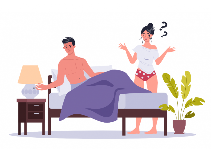 [ILLUSTRATION: Couple in bed confused about what they want]