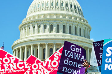[Photo: Supporters of the National Organization for Women (NOW) and the National Task Force to End Sexual Assault and Domestic Violence Against Women hold a rally for the reauthorization of the Violence Against Women Act (VAWA) outside the US Capitol.]
