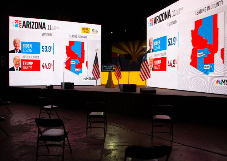 [PHOTO: MSNBC electoral map projected on two screens]