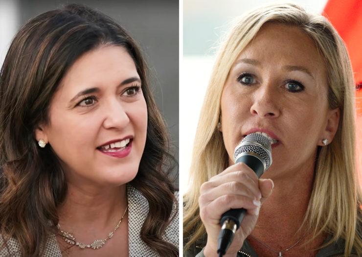 [Photo: A split screen image of two white women. On the left is Stephanie Brice and on the right is Georgia Republican House candidate Marjorie Taylor Greene.]