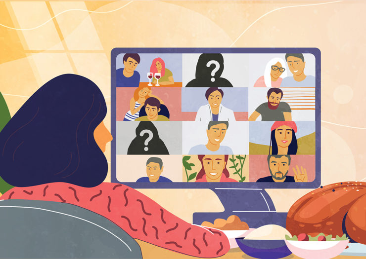 [Photo: A digital illustration of a person sitting in front of a desktop computer for Thanksgiving dinner. On the computer screen is a video chat happening between multiple people.]