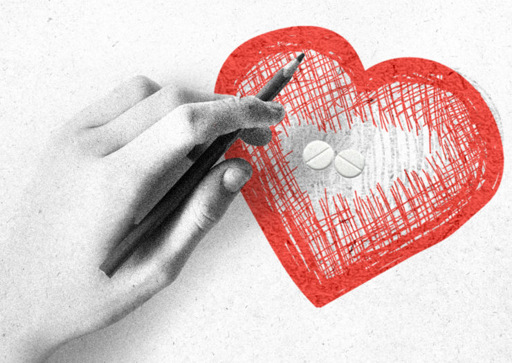 [Photo: A digital collage of a black and white hand holding a colored pencil. Beneath the hand is a sketched red heart and two circular pills.]