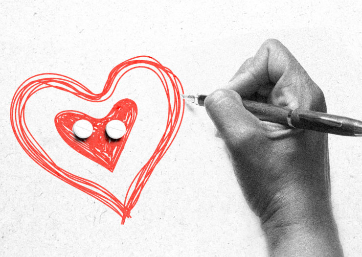 [Photo: A digital collage of a black and white hand holding a pen. Beneath the hand is a sketched red heart and two circular pills.]