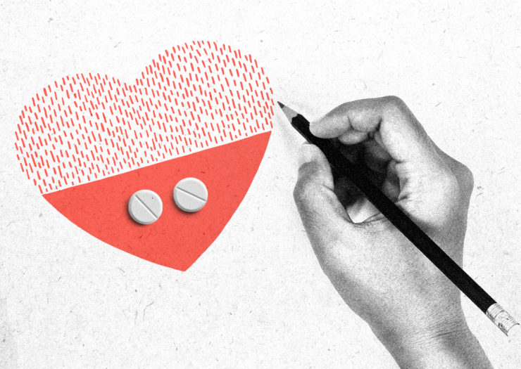 [Photo: A digital collage of a black and white hand holding a pencil. Beneath the hand is a sketched red heart and two circular pills.]