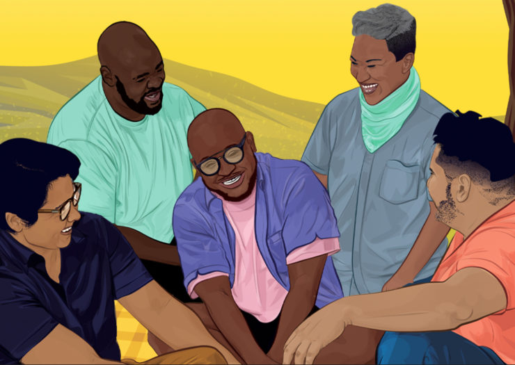 [Photo: A digital illustration of a group of trans masculine people in a moment of joy as they're sitting outside.]