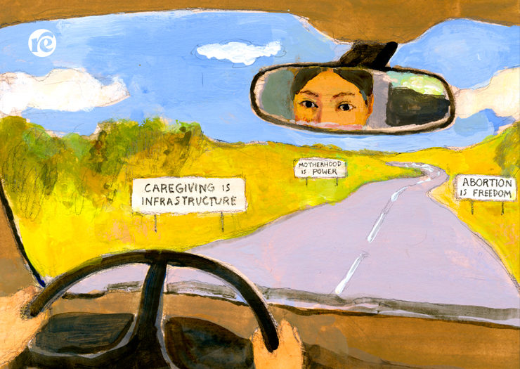[ILLUSTRATION: Woman driving car and her eyes shown in rearview mirror]