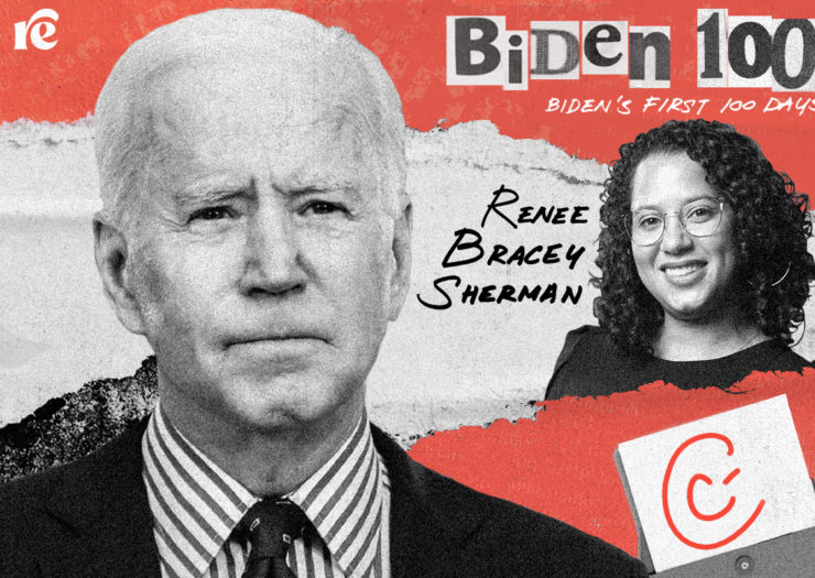 [GRAPHIC: Joe Biden and Renee Bracey Sherman in a red and white background]