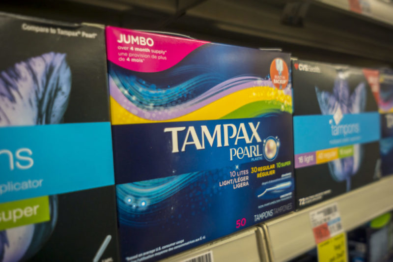 Photo of Tampax boxes on store shelf