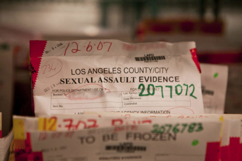 Photo of a large white sealed envelope that reads Los Angeles County/City Sexual Assault Evidence