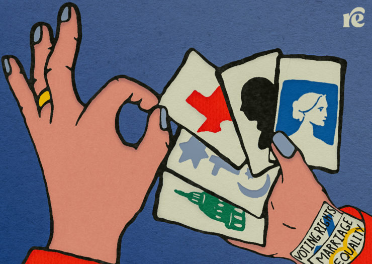 Graphic illustration of a hand holding deck of cards and cards up a sleeve that reads voting rights and marriage equality