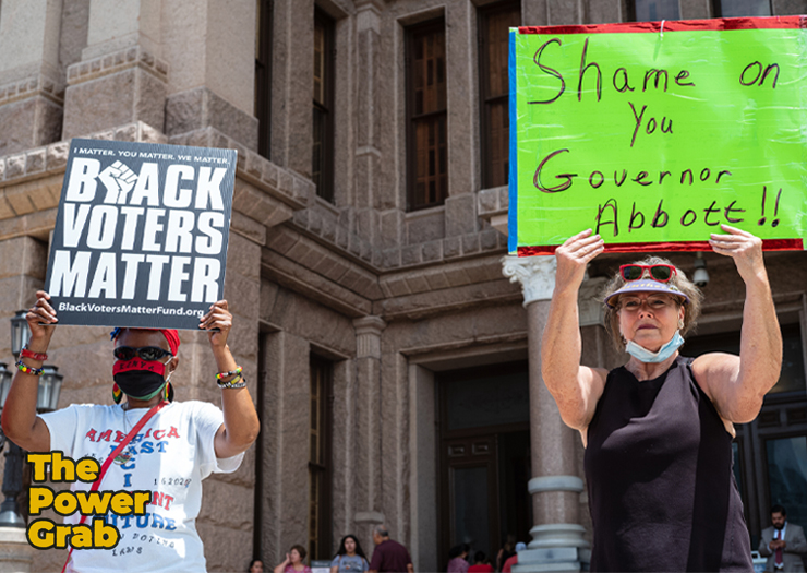 Photo of protest in Texas with a Black woman holding sign that reads Black voters matter and a white woman holding sign that says Shame on you governor abbott