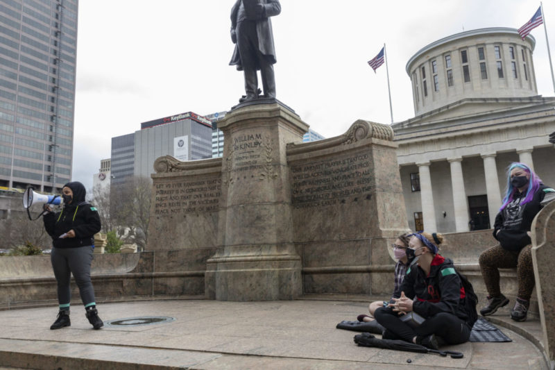Photo of people standing outside the Ohio statehouse