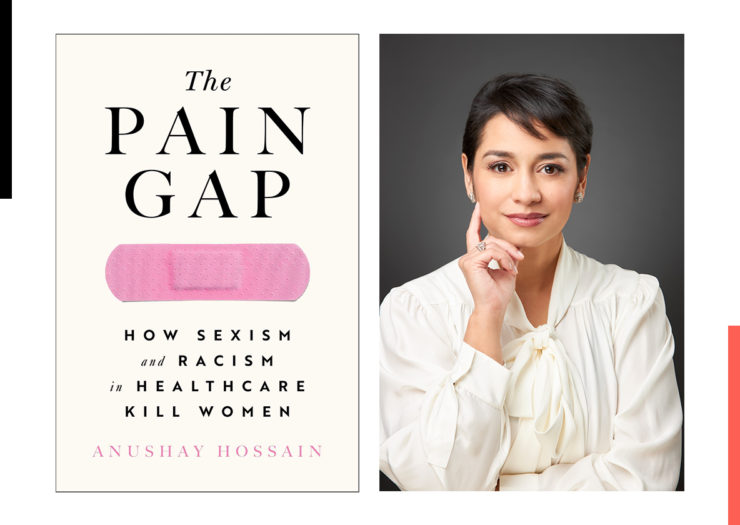 Split screen image of the book cover to The Pain Gap and its author, Anushay Hossain