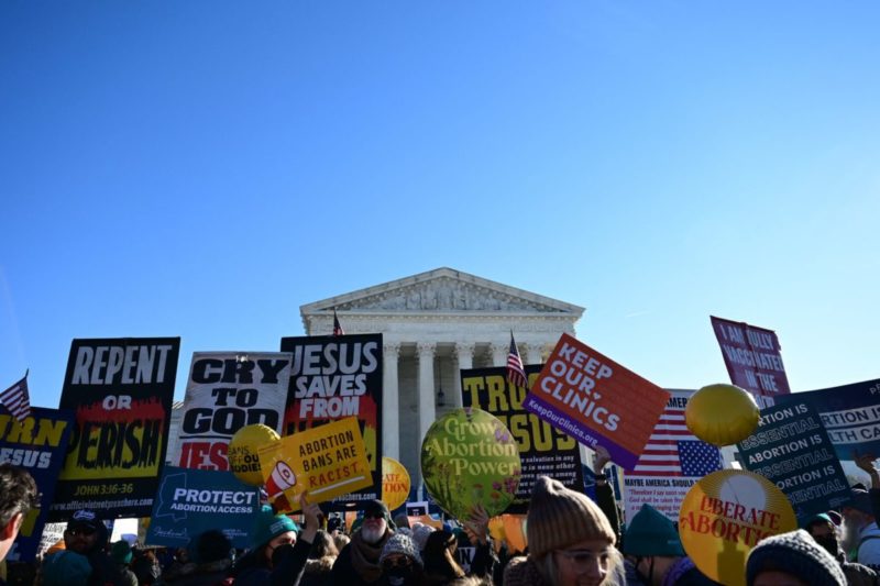 Photo of anti-abortion activists holding signs in front of the Supreme Court