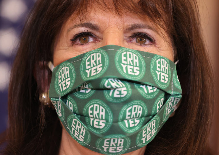 Photo of Rep. Jackie Speier wearing a green mask with ERA written all over