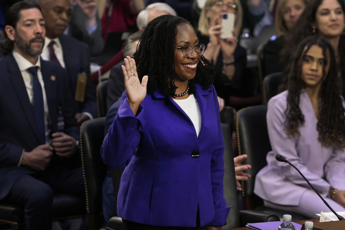 Photo of Supreme Court nominee Judge Ketanji Brown Jackson is sworn-in during her confirmation hearing before the Senate Judiciary Committee in the Hart Senate Office Building on Capitol Hill