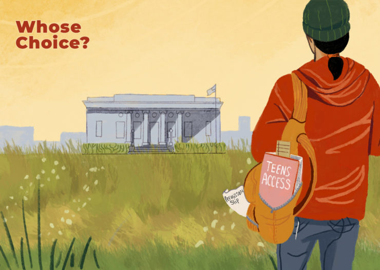 Graphic illustration of a teen standing in the distance from a courthouse