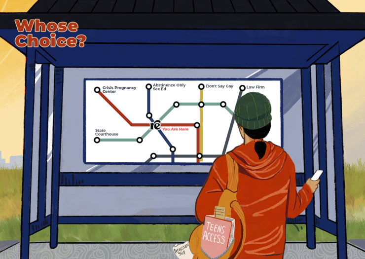 Graphic illustration of teen standing in front of a subway map