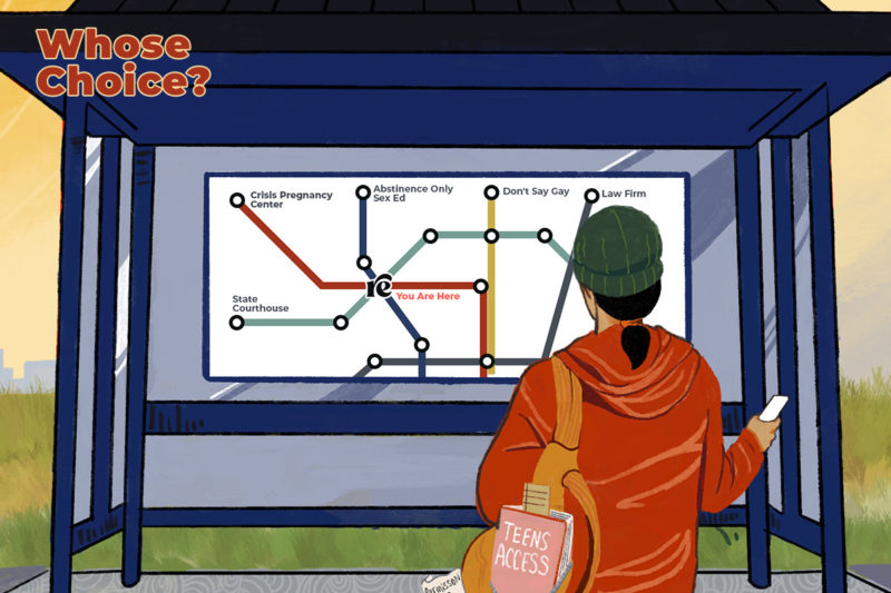Graphic illustration of teen standing in front of a subway map
