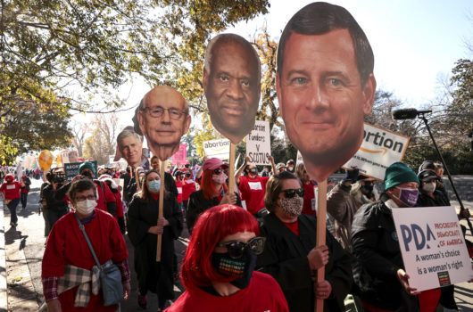 Demonstrators holding cutout heads of Supreme Court justices