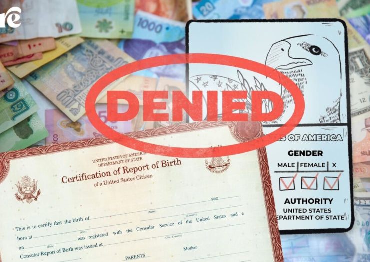 Illustration showing a birth certificate, passport, and a stamp that reads Denied