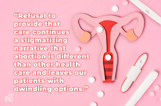 Illustration of a uterus, pregnancy test, and pills against a pink background. Quote overlay reads, 