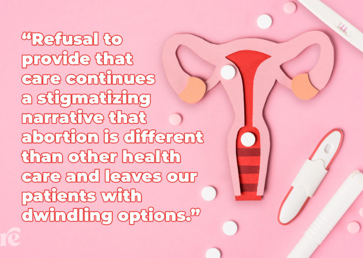 Illustration of a uterus, pregnancy test, and pills against a pink background. Quote overlay reads, 