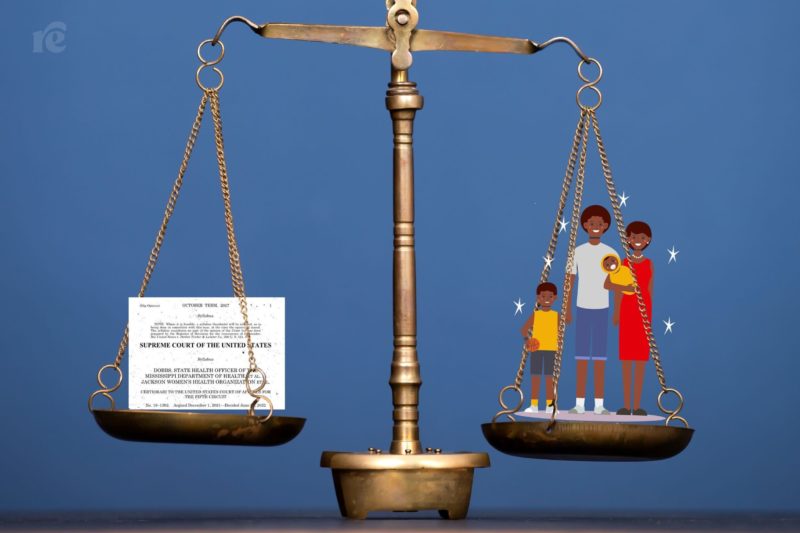 Graphic illustration of the scales of justice with a black family unit on one side and Supreme Court opinion on the other