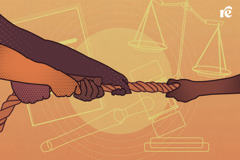 Graphic illustration of hands pulling on a rope and being separated