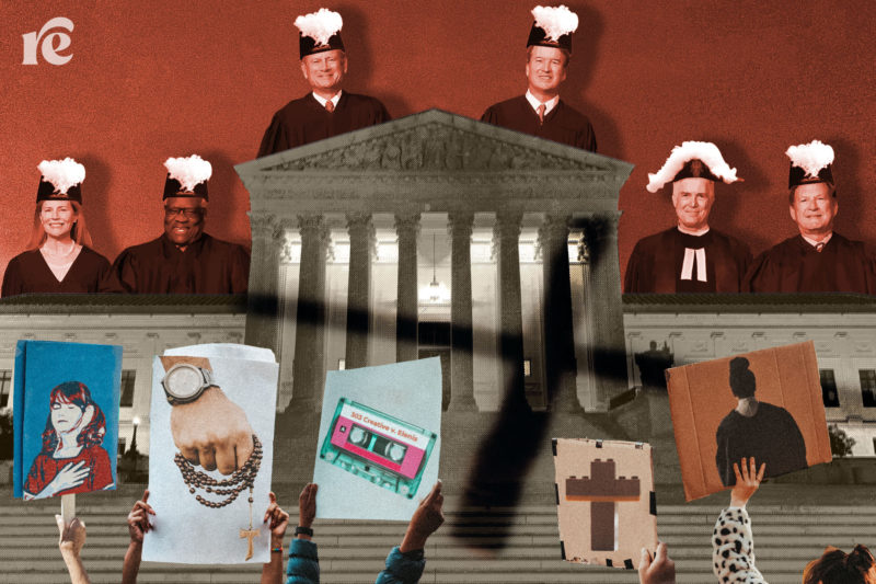 Graphic illustration of the Supreme Court with the conservatives looming in the background