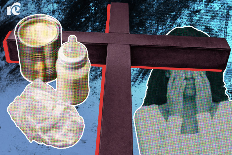 Graphic of giant cross with baby formula, bottle, and diaper, with a woman in the background