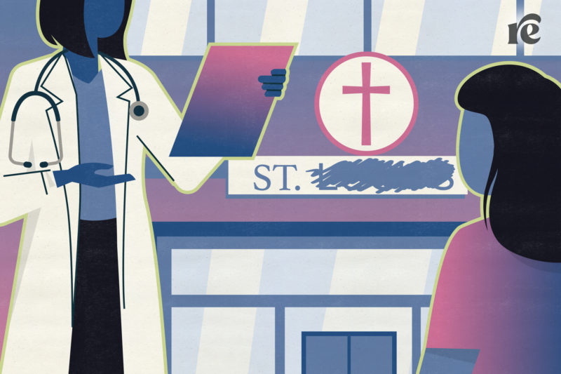 Graphic illustration of doctor and patient at Catholic hospital