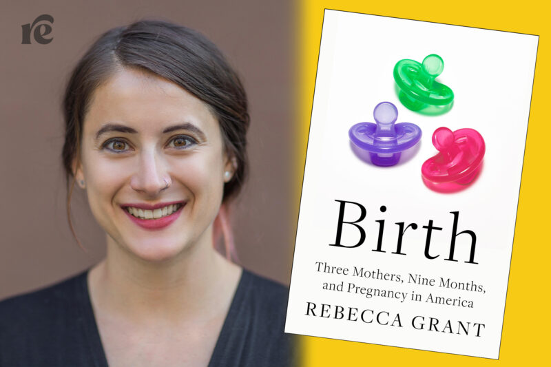 Split screen image of Rebecca Grant and her book Birth