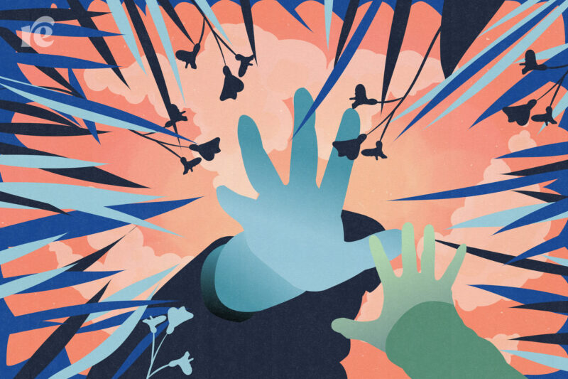 Illustration of a small green hand reaching for a larger blue hand with flowers and spikes around the border.