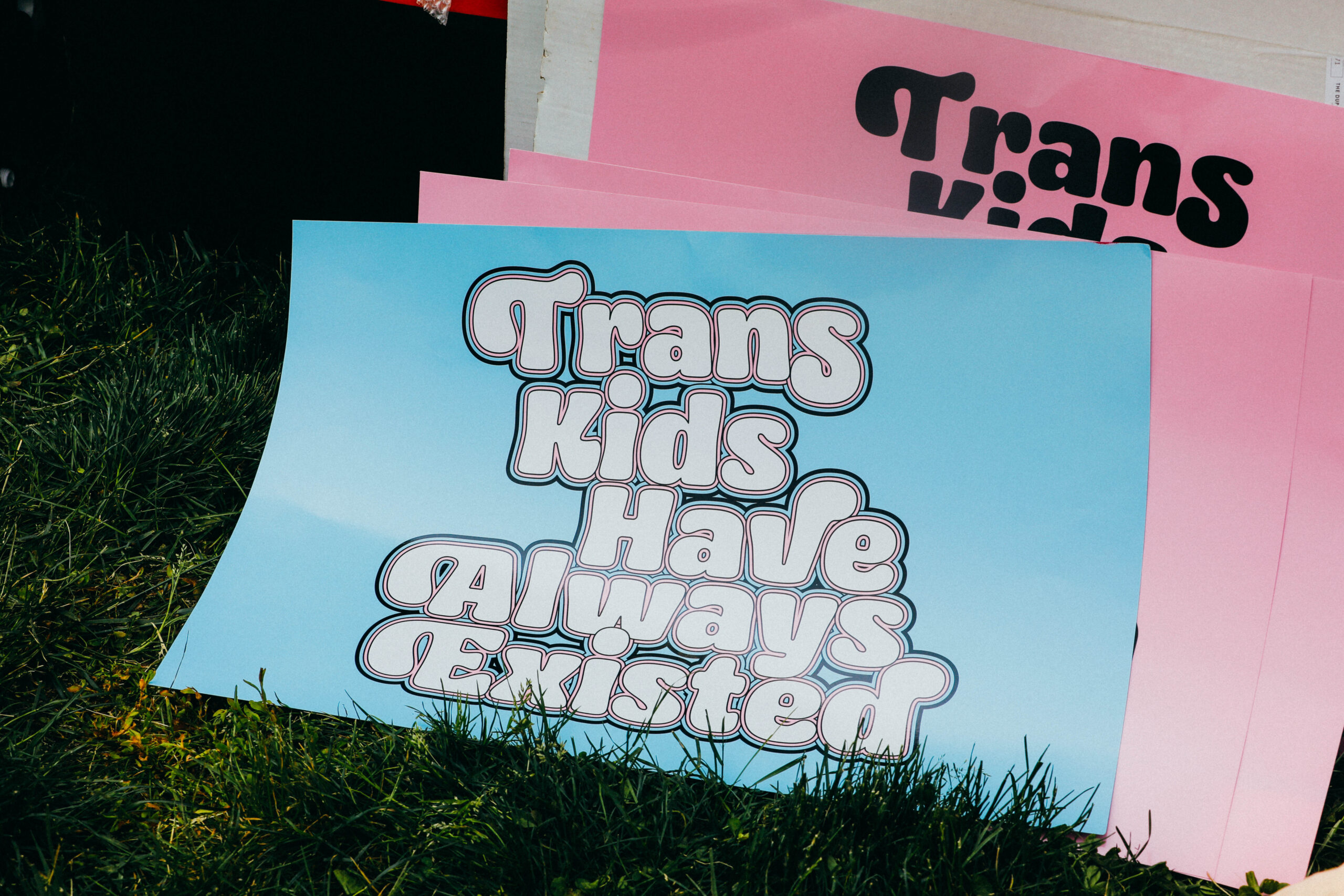 Blue sign with white text reading, "Trans kids have always existed."