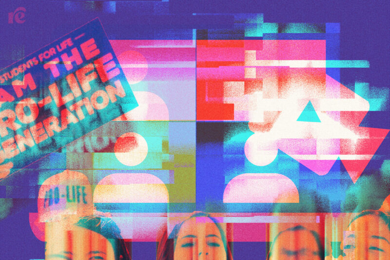 Illustration of people's faces with anti-abortion messaging