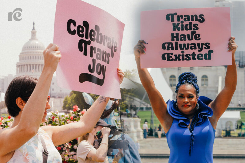 Two images of trans rights demonstrators holding signs