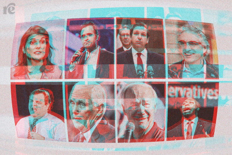 Illustration of several GOP candidates from the first Republican debate of the 2024 election cycle.