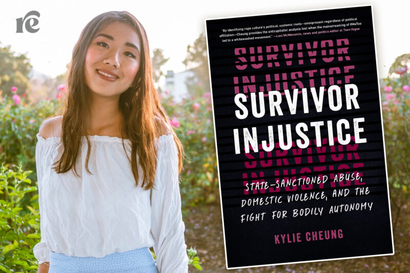 Split screen image of Kylie Cheung and her book Survivor Injustice