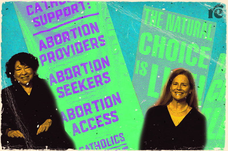 Two women in front of signs that read Abortion Providers Abortion Seekers Abortion Access