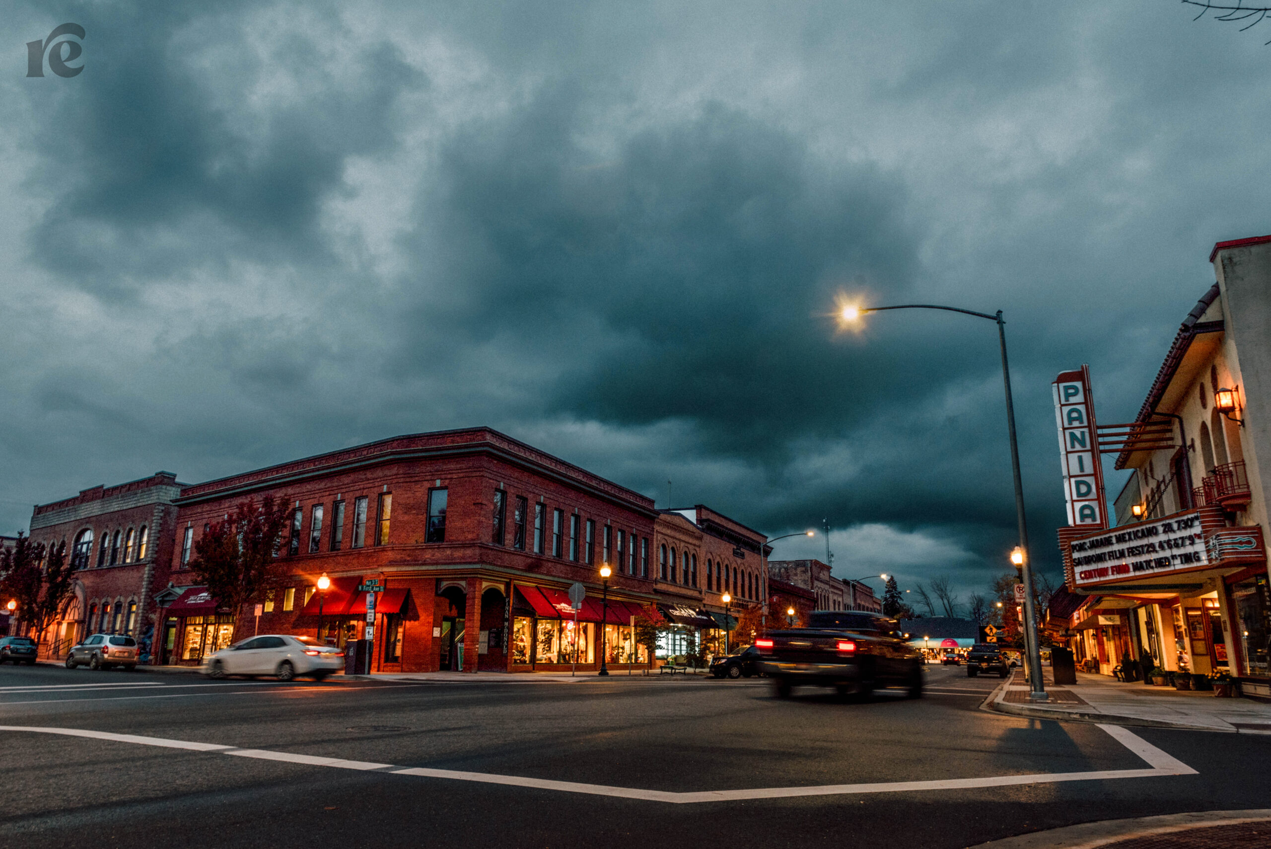 Downtown Sandpoint, Idaho light up in the evening