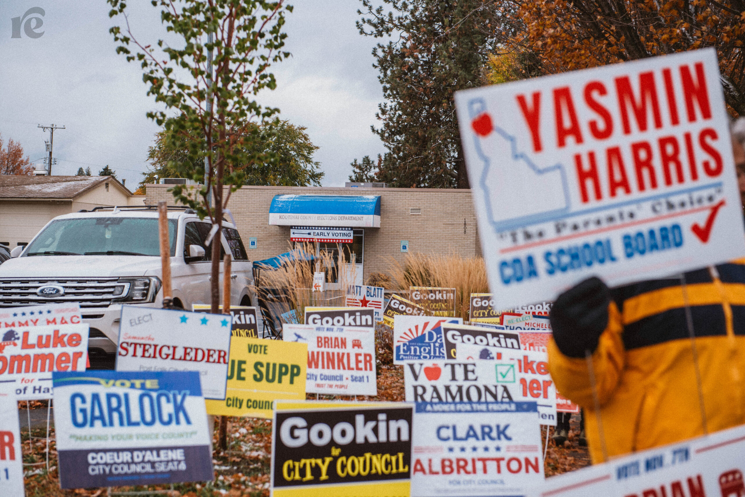 A local polling place in Couer D'Alene features campaign signs for a variety of local positions.