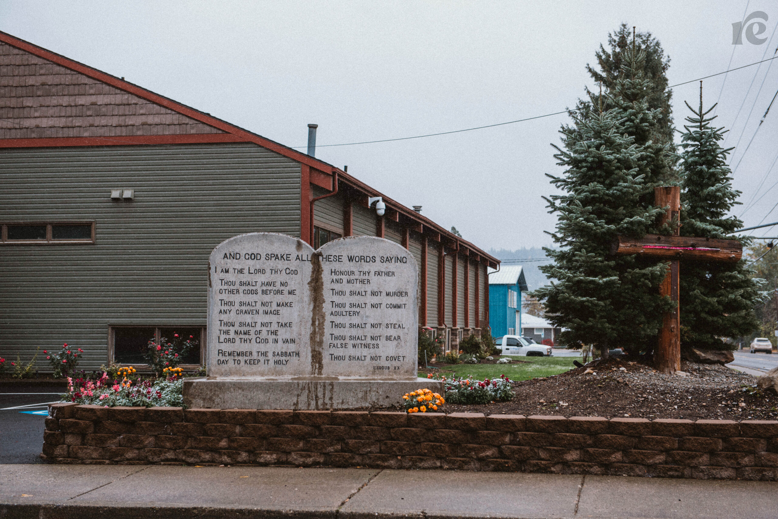 A tombstone-esque version of the tablets featuring the ten commandments outside Alter Church in Coeur D'Alene, Idaho.
