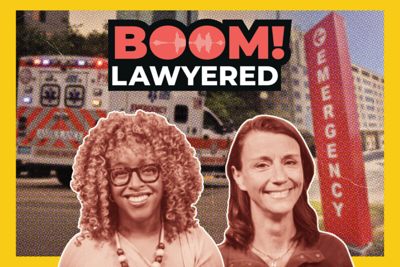 Boom! Lawyered logo with Black woman and white woman in front