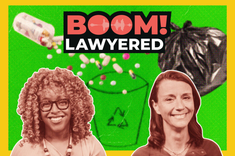Boom Lawyered podcast logo with garbage in the background