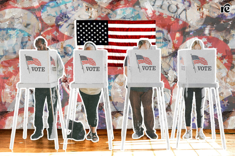 people voting against the backdrop of an american flag